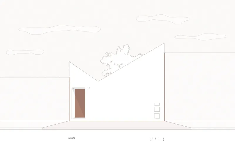 Elevation drawing showing the white facade with a single terracotta-toned door and rooftop vegetation
