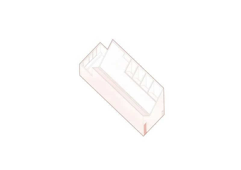 Axonometric drawing depicting a narrow rectangular volume with skylights and an interior courtyard