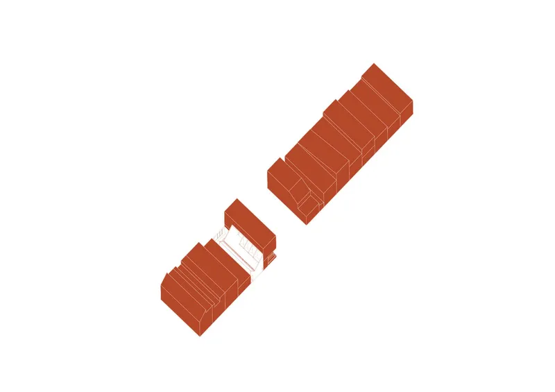 Axonometric drawing showing two terracotta-roofed volumes separated by a transparent glazed connector