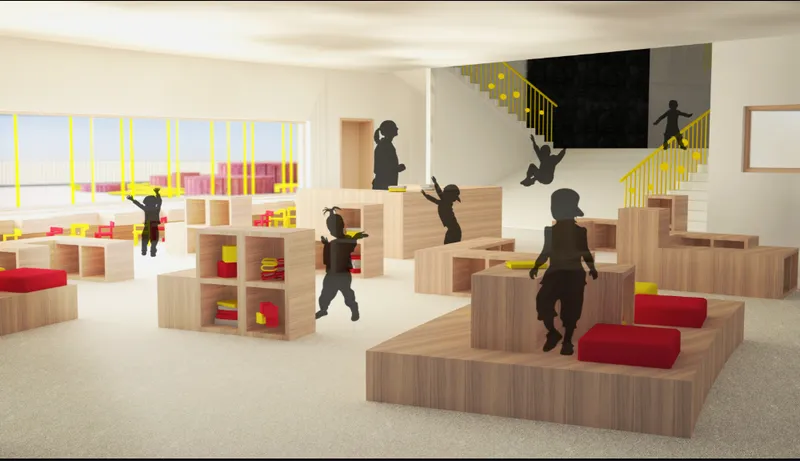 Warm interior learning space with modular wooden furniture, bright accents, and child-friendly play zones.