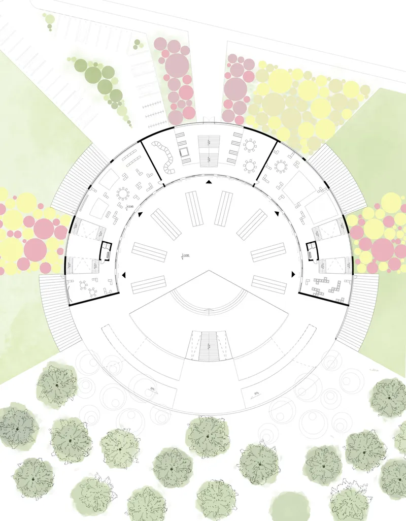 Kindergarten floor plan showing classrooms arranged around a central open activity space.