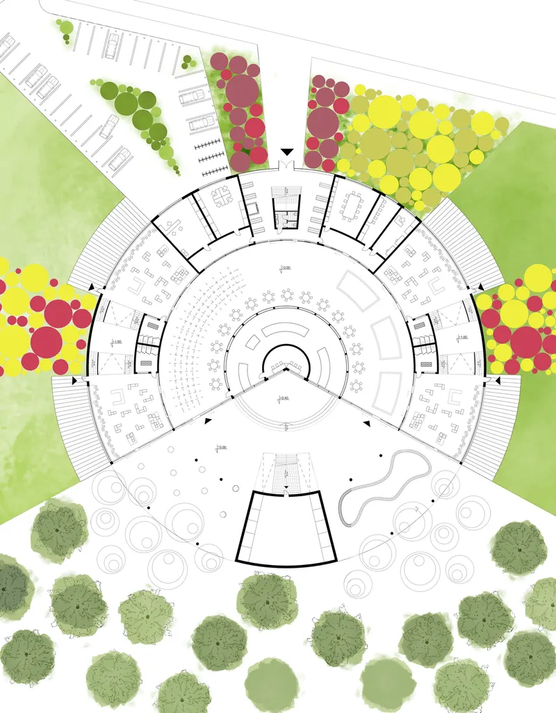 Circular site plan connecting the kindergarten with landscape, outdoor play areas, and neighborhood access.