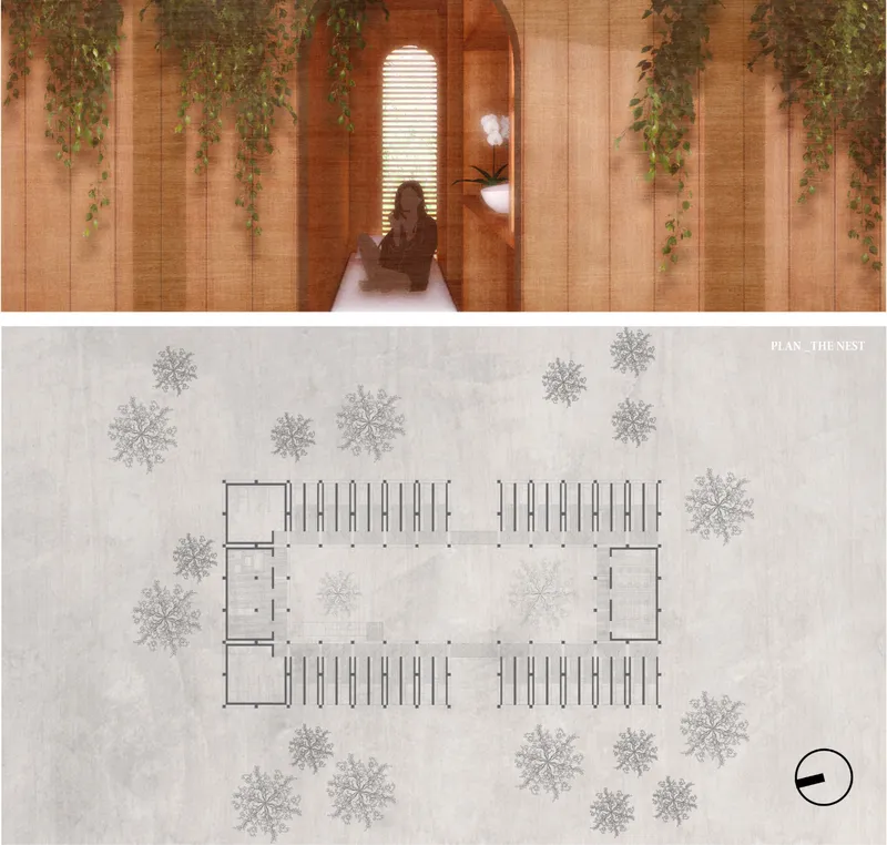 The Nest combines intimate stay pods with a planted courtyard and shared facilities.