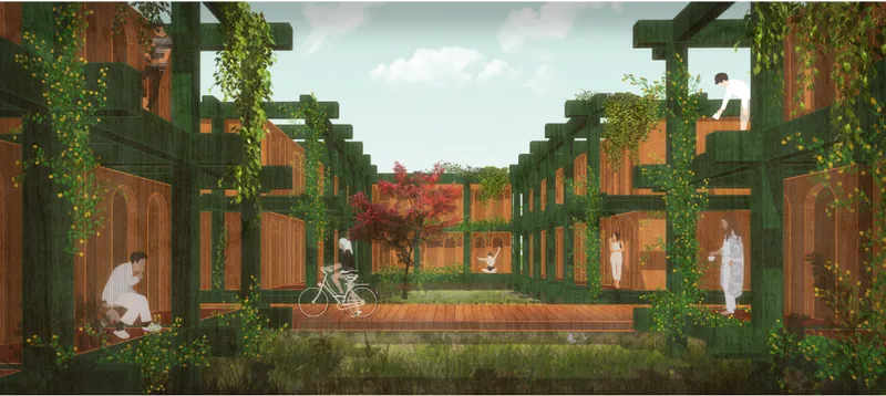 Private meditation pods surround a lush courtyard, balancing solitude with community living.