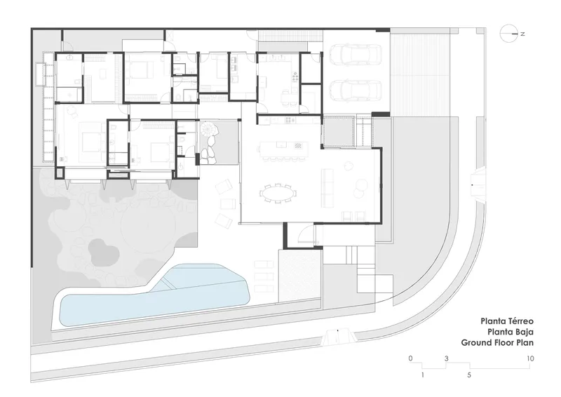Ground floor plan drawing showing L-shaped residence with pool and garden around a central courtyard