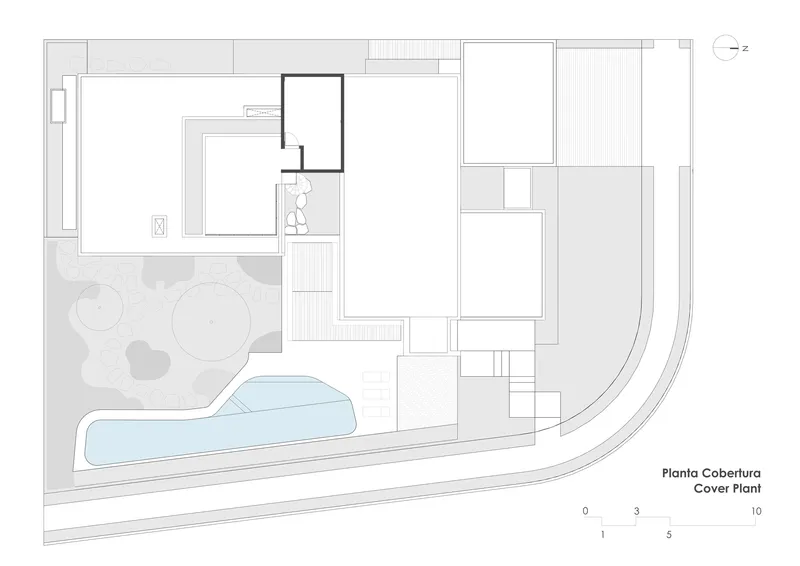 Cover plan drawing showing irregular building footprint with swimming pool and landscaped garden area