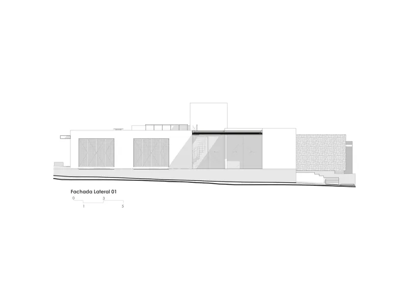 Side elevation drawing showing varied facade treatments including patterned screens and angular geometric volumes