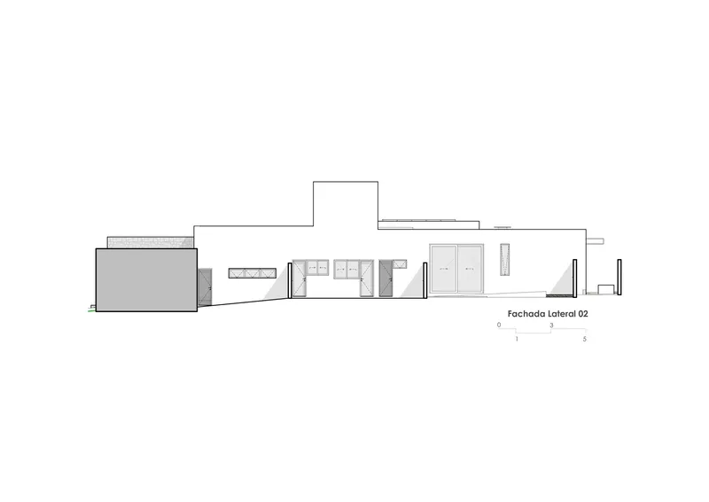 Opposite side elevation drawing depicting monolithic volume with horizontal window bands and service openings