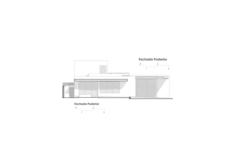 Rear elevation drawing presenting flat rooflines and gridded wall surfaces with minimal fenestration