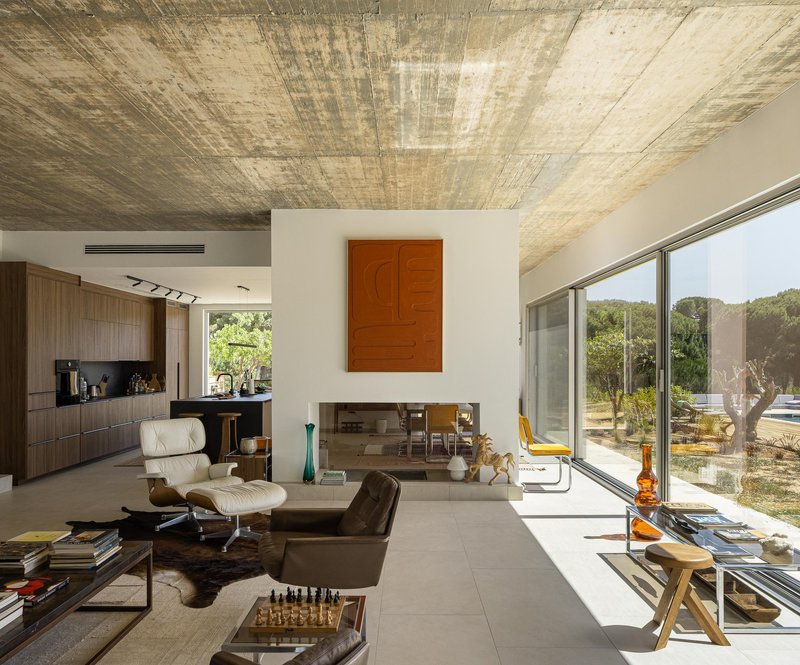 Living space with timber-lined ceiling and full-height glazing overlooking olive groves and a pool