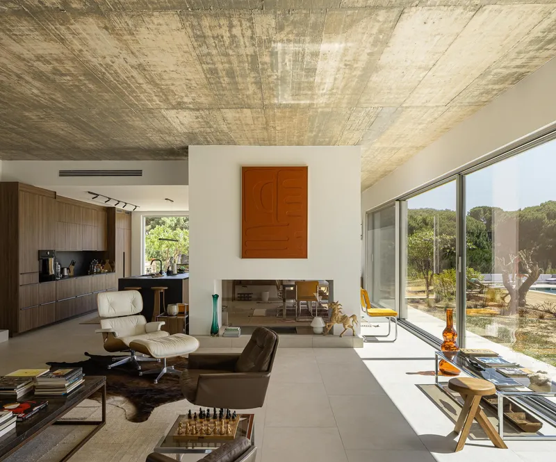 Living space with timber-lined ceiling and full-height glazing overlooking olive groves and a pool