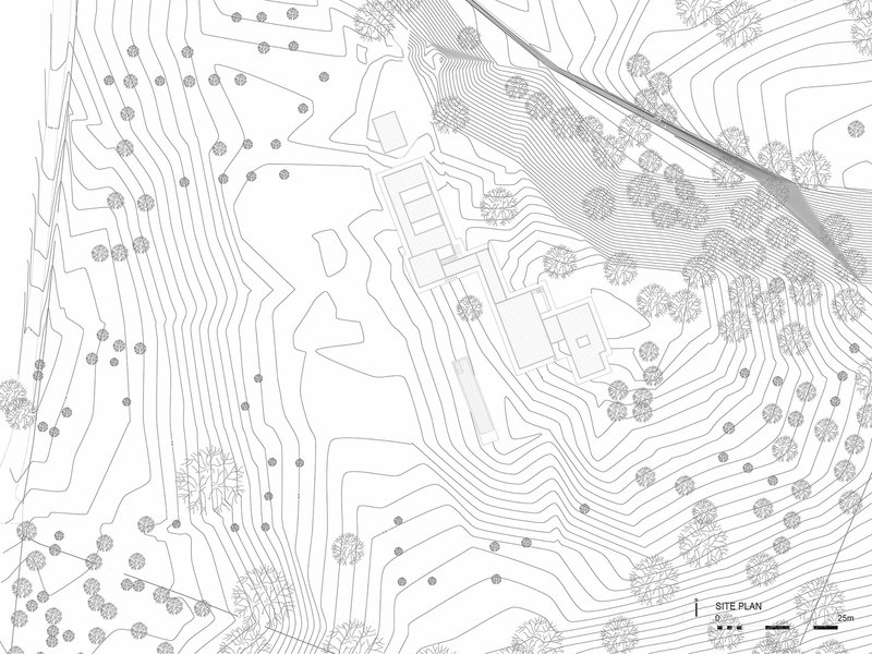 Site plan drawing showing building footprints nestled into contoured hillside terrain with scattered vegetation