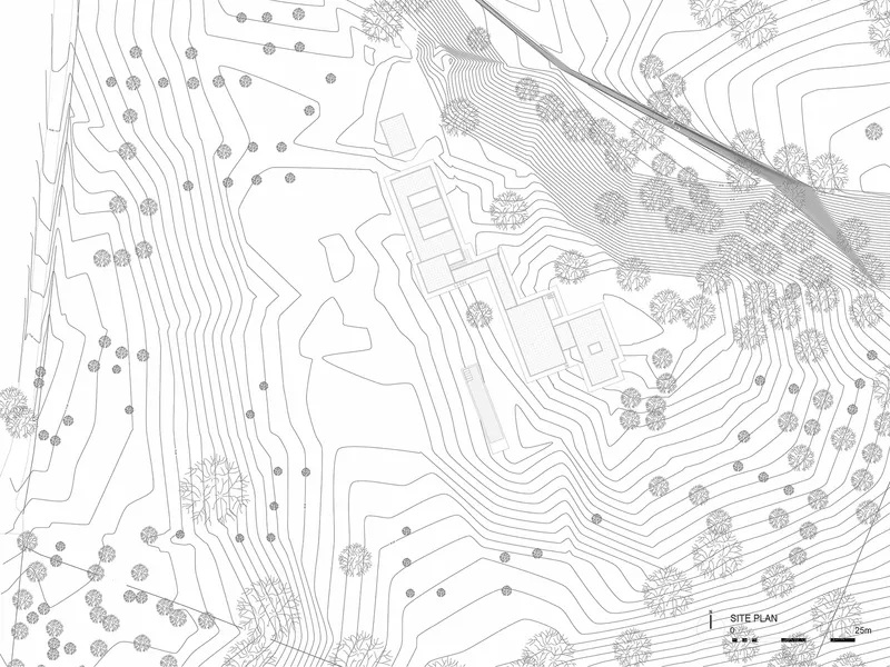 Site plan drawing showing building footprints nestled into contoured hillside terrain with scattered vegetation