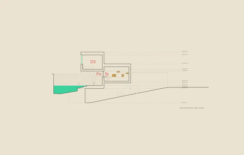 Section drawing illustrating a terrace pool and interior volumes on sloping terrain