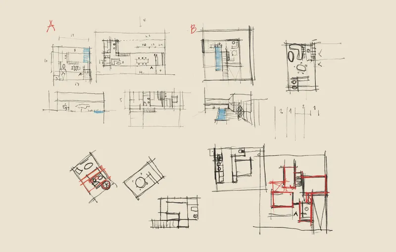 Sheet of hand-drawn interior section sketches exploring rooms and circulation with colored annotations
