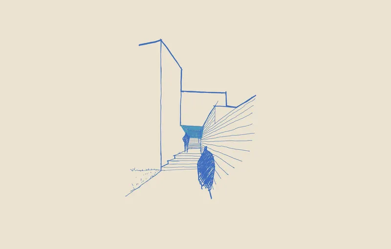 Perspective sketch showing a staircase ascending between walls with radial light lines streaming through
