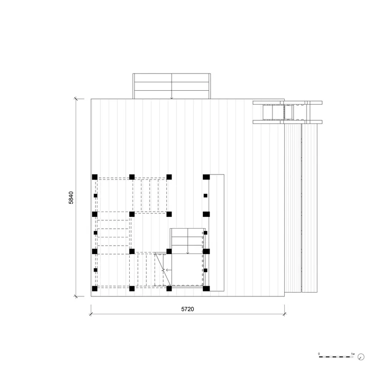 Floor plan drawing showing the tower footprint with column grid and adjacent rectangular volume
