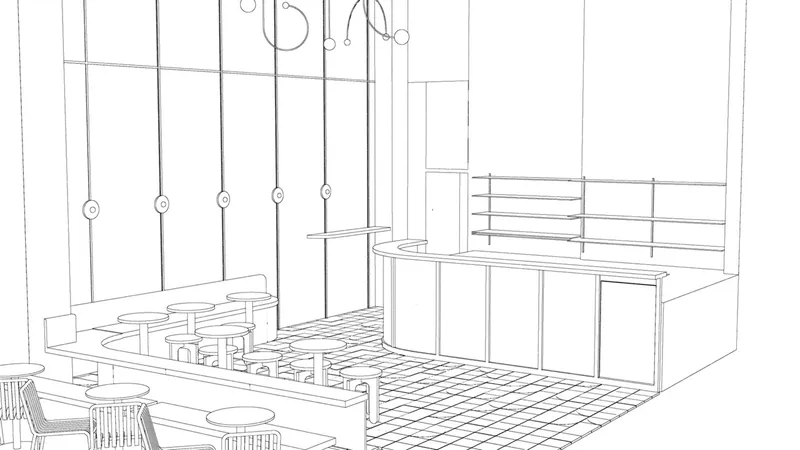 Perspective line drawing showing interior seating layout with pendant lights and counter area