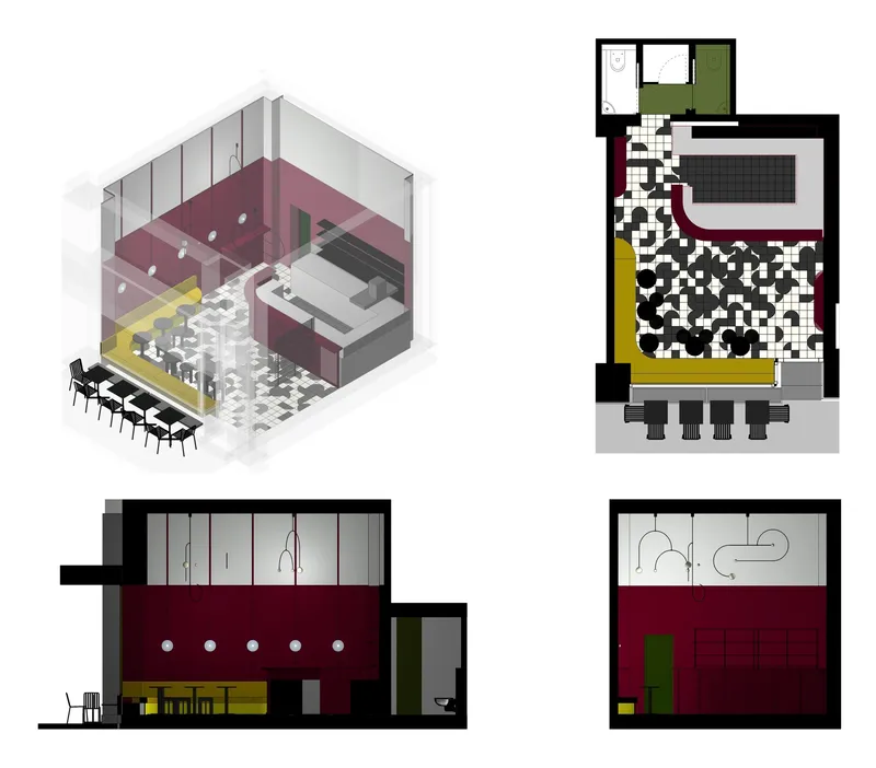 Architectural drawing set showing an isometric cutaway, floor plan, and two elevations of a compact restaurant interior with maroon walls
