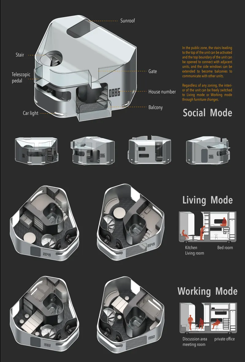 A transformable residential pod shifts between social, living, and working modes.