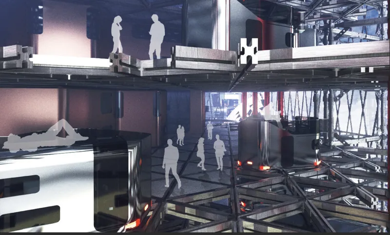Mobile housing units create flexible communal spaces within the steel megastructure.