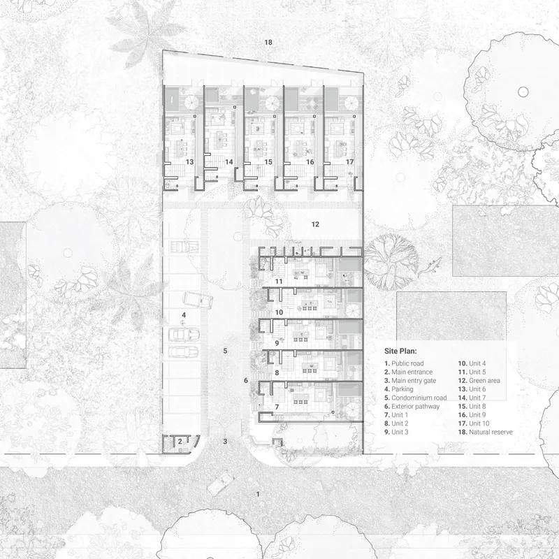 Site plan drawing showing residential units arranged in linear blocks with planted landscape and parking areas