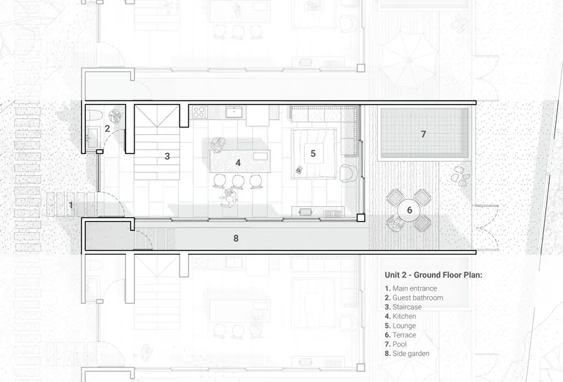 Ground floor plan drawing showing one unit with terrace, pool, and side garden