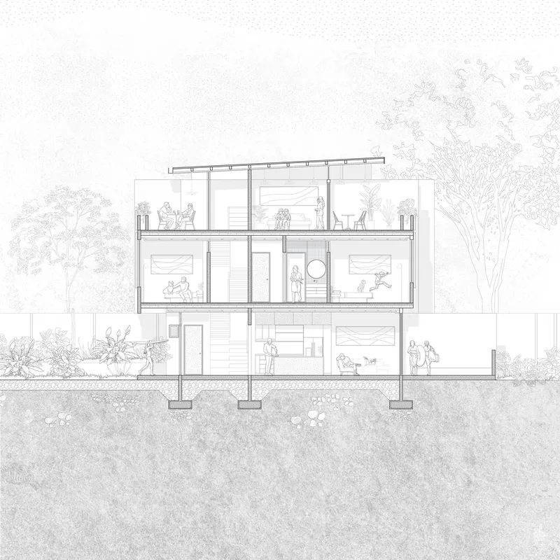 Section drawing through three-story residential block with figures showing interior spaces and surrounding vegetation