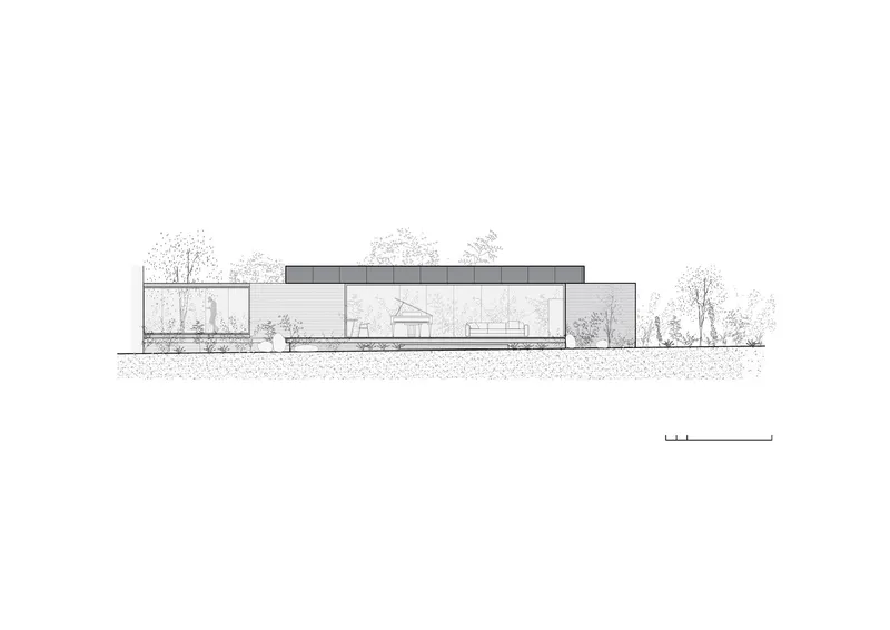 Elevation drawing showing a low horizontal volume with full-height glazing and flat roof amid trees