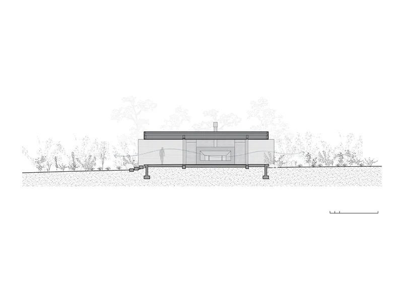 Section drawing revealing interior spaces beneath a flat roof with central skylight and trees beyond