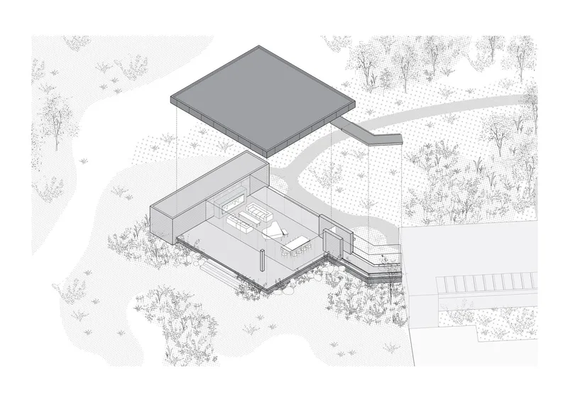 Axonometric drawing showing interior layout beneath a floating roof plane connected to an exterior terrace