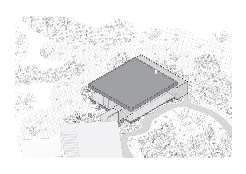 Axonometric drawing showing a cantilevered structure with flat roof nestled among trees on sloping terrain