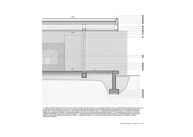 Section drawing showing foundation detail with concrete pier and horizontal cladding above grade