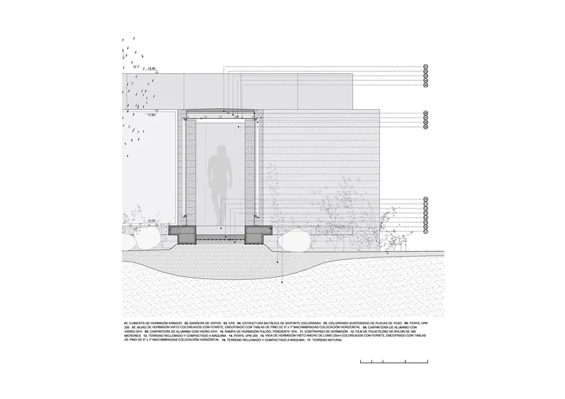 Section drawing showing entrance threshold with standing figure silhouette and landscape beyond