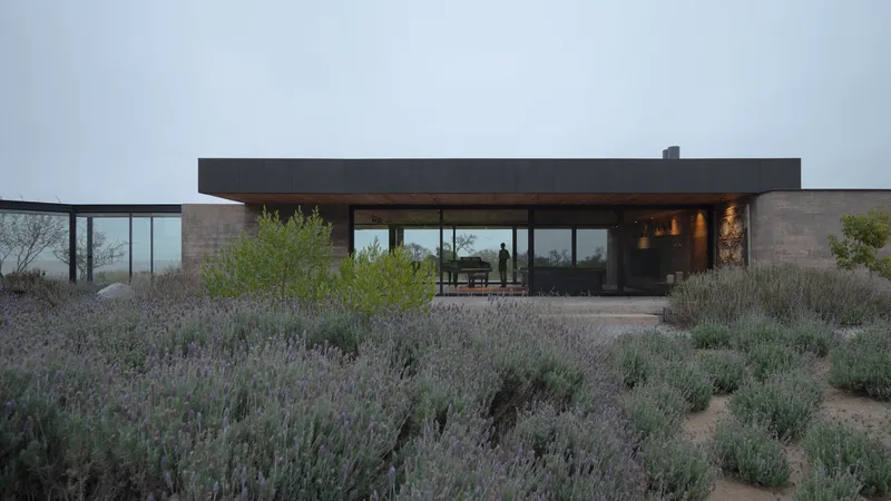 Low-slung concrete and glass pavilion with cantilevered roof surrounded by lavender and native grasses at dusk