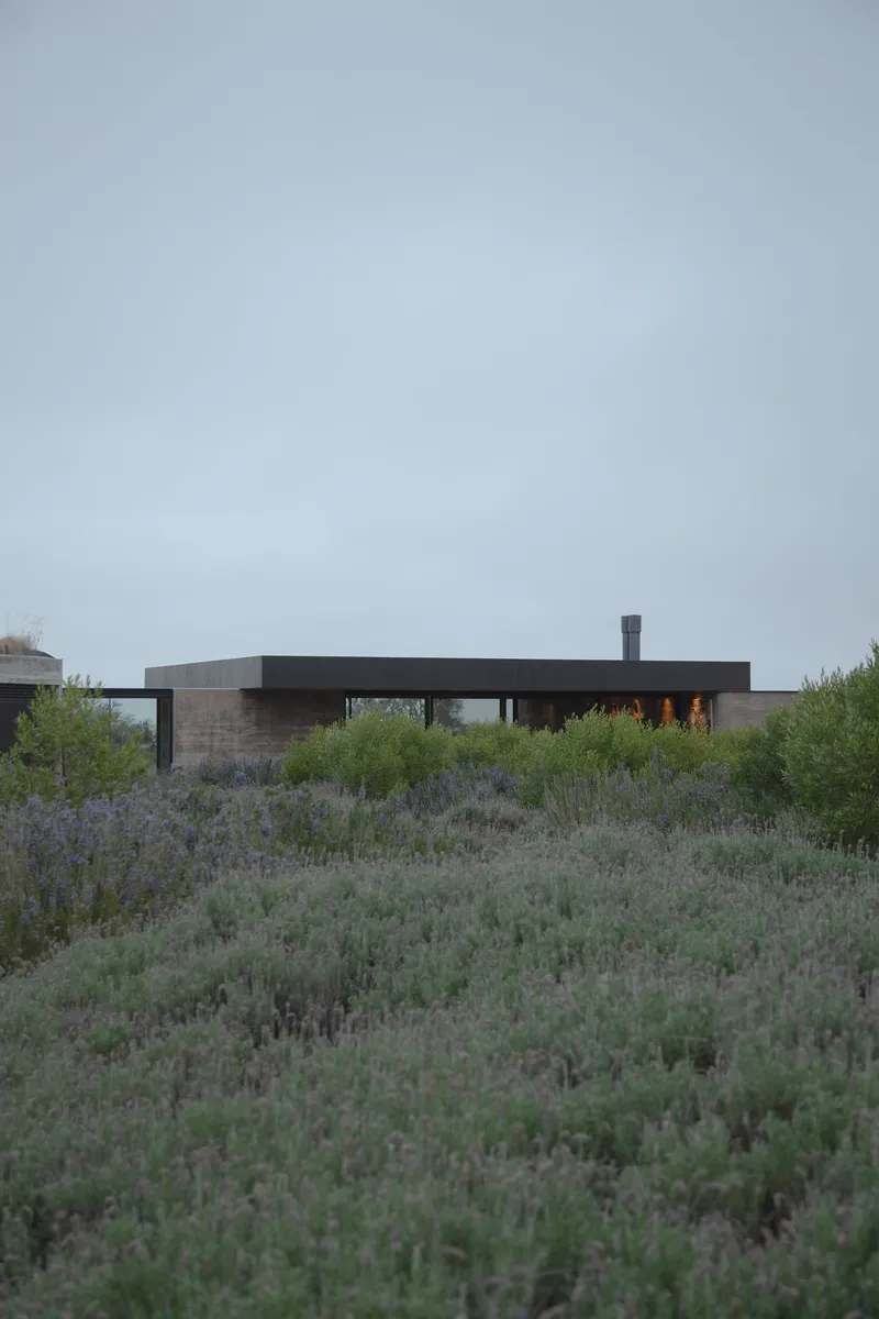 Low horizontal volume with rammed earth walls and dark roof perched above sagebrush in overcast light