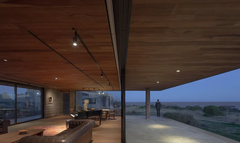 Interior terrace at dusk with timber ceiling, track lighting, and a figure silhouetted against the landscape