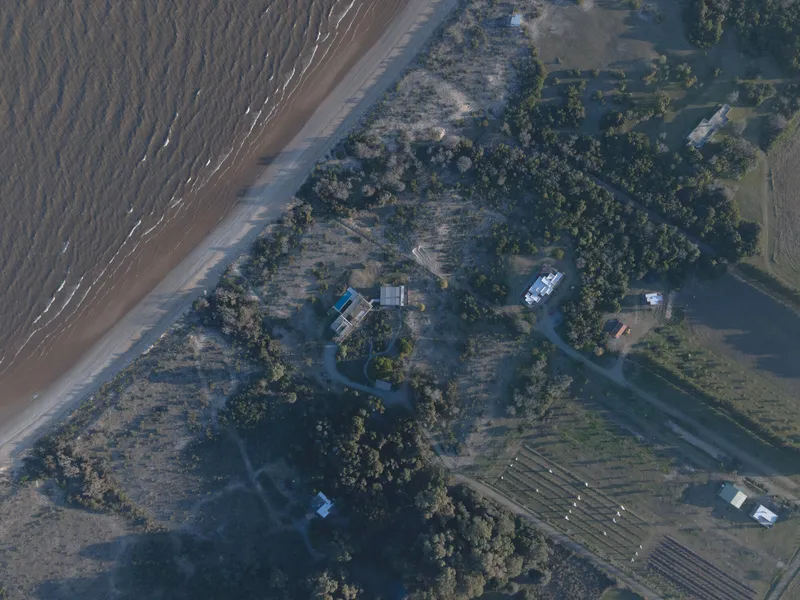 Aerial view of clustered buildings among trees between beach and cultivated fields