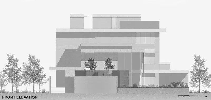 Front elevation drawing showing layered rectangular volumes with planted terraces and flanking trees