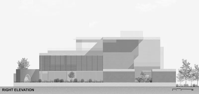 Right elevation drawing showing horizontal slatted screen, stacked volumes, and surrounding tree canopies