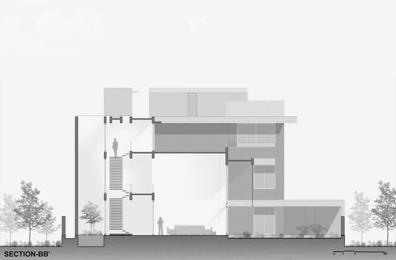 Section drawing revealing stacked volumes with stairs and outdoor terraces flanked by trees