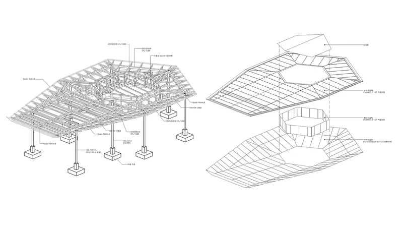 Exploded axonometric drawing illustrating the layered roof assembly, structure and support columns