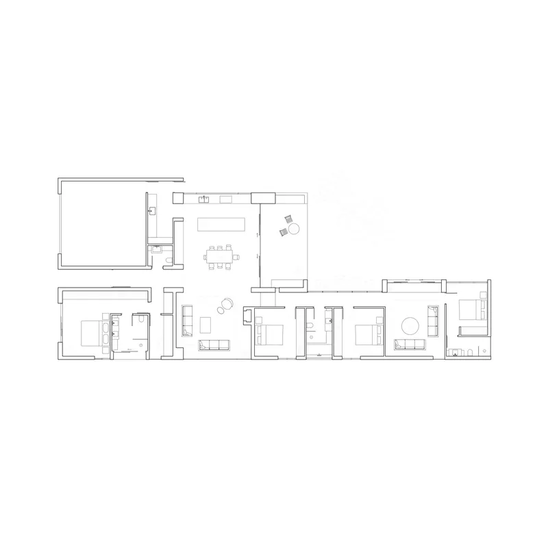 Floor plan drawing showing a linear arrangement of rooms with kitchen, dining, living, and bedroom spaces