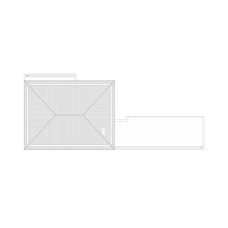Roof plan drawing showing a pitched roof with diagonal ridge lines and an adjacent flat terrace