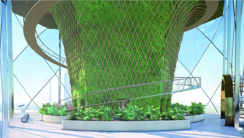 The sky terminal combines vertical greenery, circulation, and future mobility within the tower.