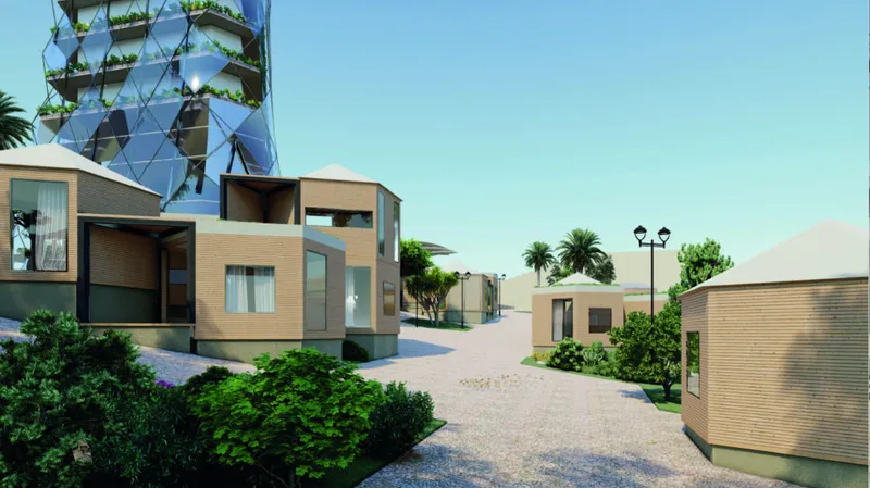 Modular housing clusters create an adaptable residential community around the central tower