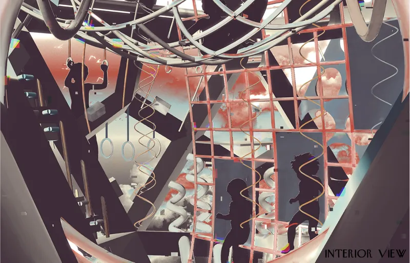 Interior view revealing climbing nets, hoops, tactile elements, and layered play zones within the geometric frame.