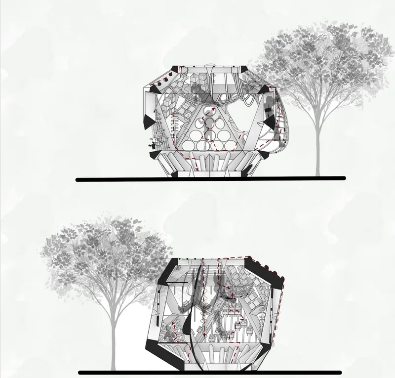 Sectional drawings illustrating the module’s internal circulation, play equipment, and spatial organization.