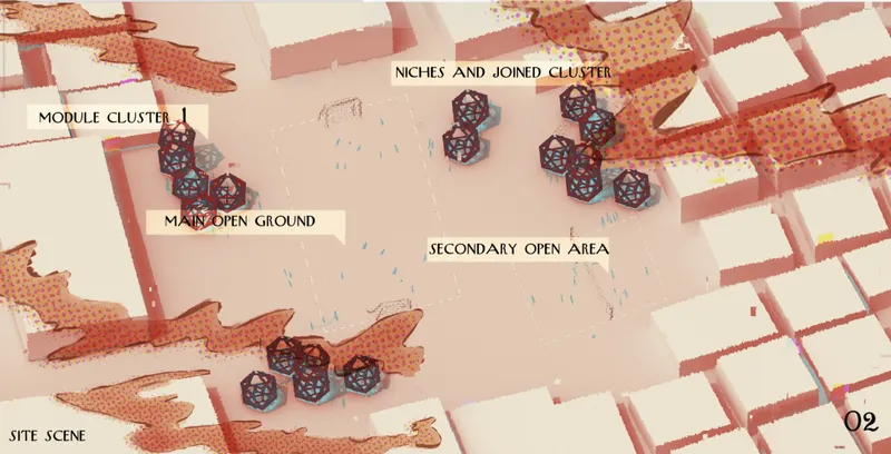 Site visualization showing modular clusters, niches, and open grounds forming a flexible play environment.