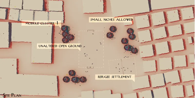 Site plan showing Playducation modules clustered around open play areas within a refugee settlement.